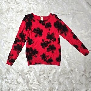 Faded Glory Women L(12-14) Sweater Lightweight Red/Black Floral Beaded Soft Knit